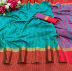 Designer Art Silk Small Zari  Chex Saree with Contrast Blouse