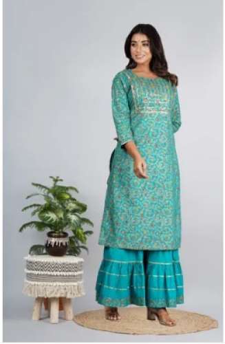 Rama Green color Ladies Cotton Kurti With Sharara suit by Sharma Creations