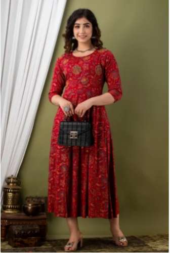 RED COLOR HANDWORK HARITA RAYON ANARKALI KURTI by Sharma Creations