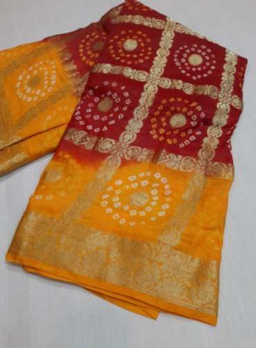 Red And Yellow Bandhani Saree For Women by Krishna Saree