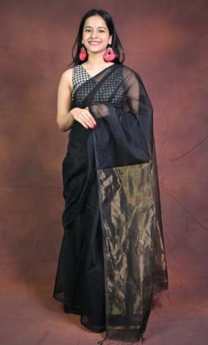 Plain Black Maheshwari Cotton Silk Saree 