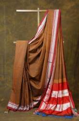 Plain Brown Cotton Ilkal Saree With Chikki Paras Border