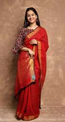 Red Plain Linen Saree With Black Tassel