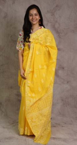 Yellow Cotton Lucknowi Kota Saree by Sayali Rajadhyaksha Sarees