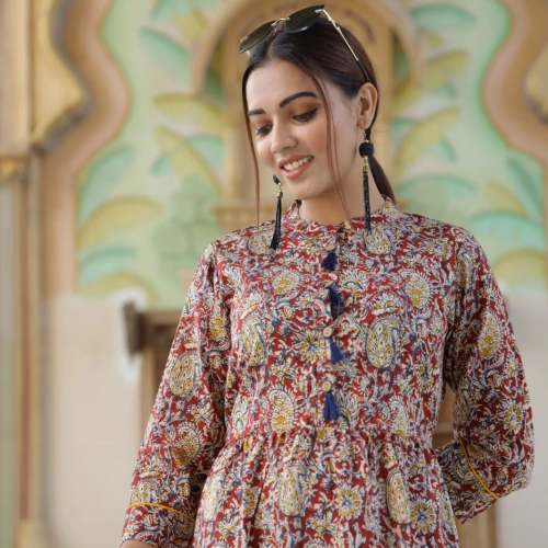  Bagru Hand Block Printed Cotton Frill One Piece Dress by abhishek handicraft