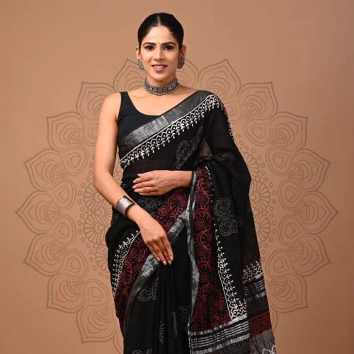 Hand block printed linen saree with Fancy blouse by abhishek handicraft