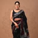 Hand block printed linen saree with Fancy blouse