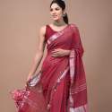 Hand block printed linen saree with Fancy blouse thumb 1