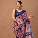 Hand block printed linen saree with Fancy blouse thumb 3