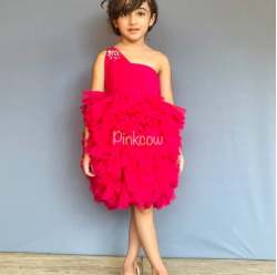Pearls And Pin Tuck Detalis Ruffle Frilly One Shoulder Dress 