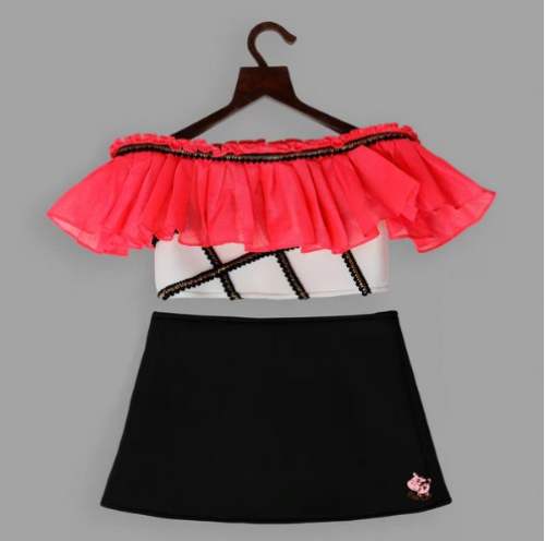 PINK FRILLED TOP WITH BLACK SKIRT by Pinkcow Fashions