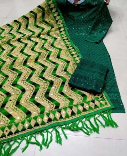 Multi Color Cotton Phulkari Dupatta With Chikan Top and Bottom Set