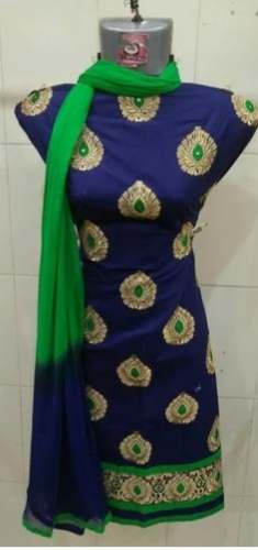 Party Wear Blue Silk Embroidered Dress Material  by D R Shah