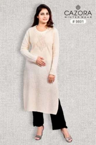 Long Sleeve White Woolen Kurti  by Khurana Garments