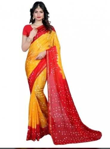 Red and Yellow Cotton Bandhani Saree by V K Creations