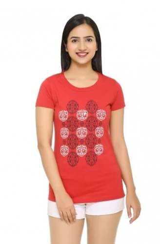 Red Printed Casual Cotton Ladies T Shirt by Raj Nirmal Knitwear