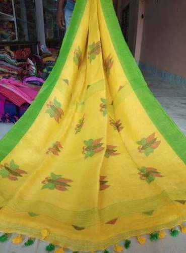 Yellow Printed Linen Saree For Women by Maa Kali Textile