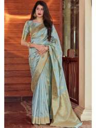 AQUA BLUE BANARASI SOFT SILK SAREE WITH GOLD  ZARI WEAVING