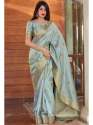 AQUA BLUE BANARASI SOFT SILK SAREE WITH GOLD  ZARI WEAVING thumb 1