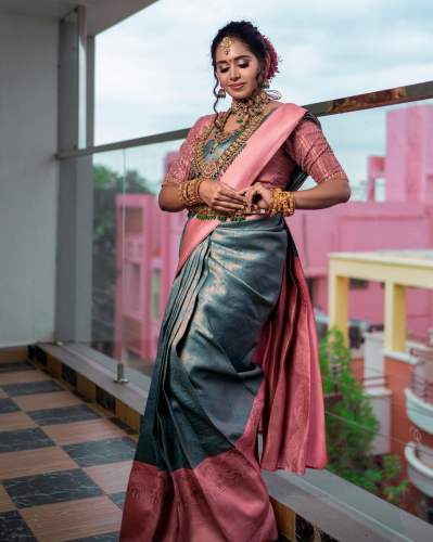 AQUA BLUE WITH BEAUTIFUL LIGHT PINK BORDER BANARASI SOFT SILK SAREE WITH BEAUTIFUL BLOUSE