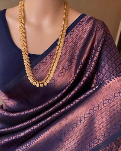 Awesome Navy Blue Zari Weaving Banarasi Soft Silk Saree With Blouse