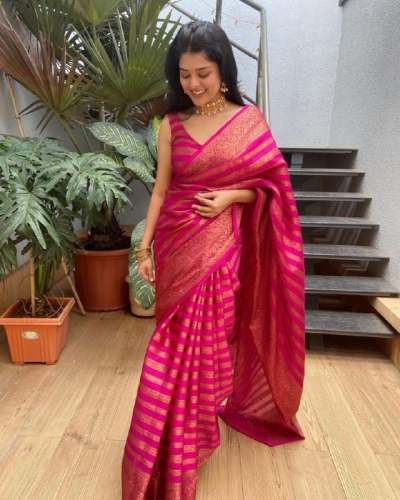 Awesome Pink Colour Zari Weaving Banarasi Soft Silk Saree With Blouse
