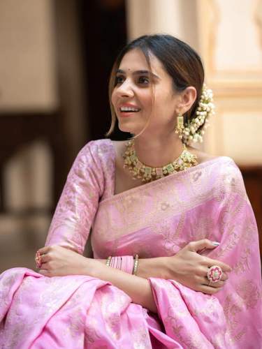 BABY PINK SAREES WITH HEAVY BROCADE WORK AND GOLD ZARI WORK BANARASI SOFT SILK SAREE 