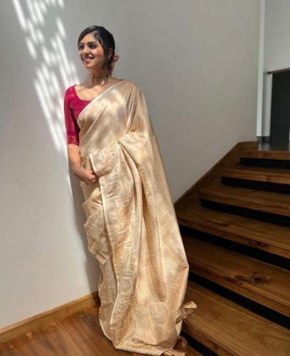 Beautiful Cream Banarasi Silk Weaving With Zari Border Saree