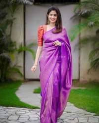 Beautiful Purple Banarasi Silk Weaving With Zari Border Saree