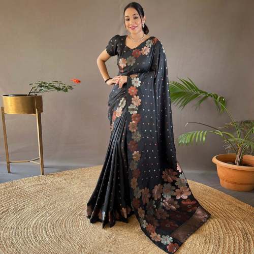 BLACK GOLD & COOPER &SILVER ZARI WEAVING BANARASI SOFT SILK SAREE 