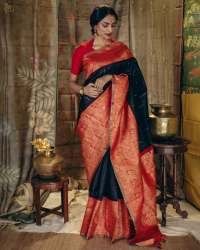 BLACK & RED GOLD ZARI WEAVING BANARASI SOFT SILK SAREE 