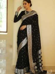 BLACK SILVER ZARI WEAVING BANARASI SOFT SILK SAREE 