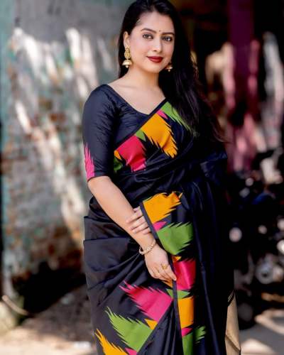 BLACK  WITH MULTI COLOR BORDER BANARASI SOFT SILK SAREE  by Esomic Export