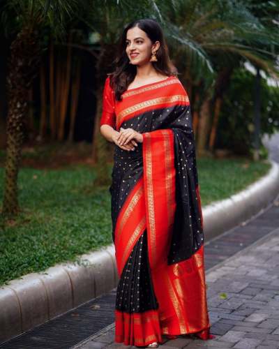 BLACK WITH RED BORDER BANARASI SOFT SILK SAREE by Esomic Export