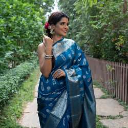 BLUE WITH SILVER  ZARI WEAVING BANARASI SOFT SILK SAREE