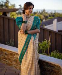 Cream color Banarasi Soft Silk Saree With Matching Blouse
