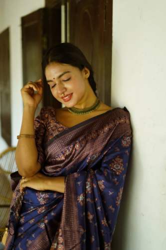 DARK BLUE BANARASI SOFT SILK SAREE WITH GOLD & COOPER ZARI WEAVING