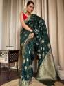 DARK GREEN FLOVER PRINTED BANARASI SOFT SILK SAREE  thumb 2