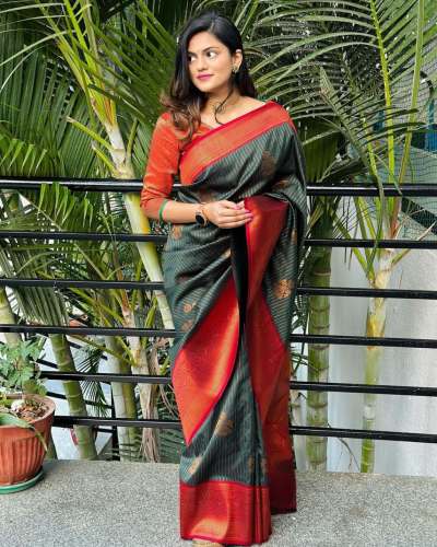 Dark Green With Red Border BANARASI SOFT SILK SAREE  by Esomic Export