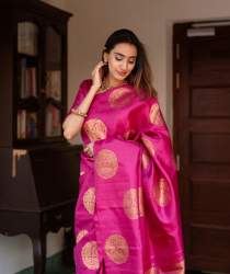 Dark Pink & Golden Kanjivaram Wedding Saree With Blouse