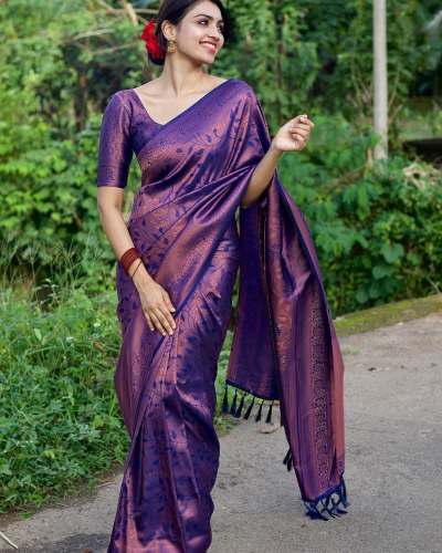 Fabulous Purple Banarasi Pure Silk Kanjivaram Saree With Blouse