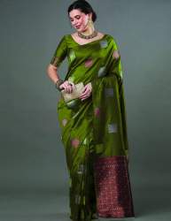 Green color kanjivaram silk saree with zari weaving work