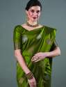 Green color kanjivaram silk saree with zari weaving work thumb 3