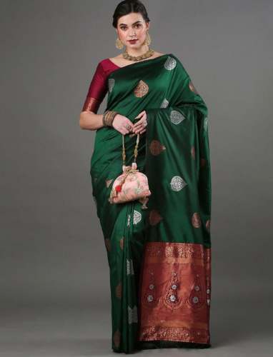 GREEN COLOUR HEAVY BROCADE WORK AND COPPER OR SILVER ZARI WORK SARI