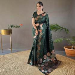 GREEN GOLD & COOPER &SILVER ZARI WEAVING BANARASI SOFT SILK SAREE 