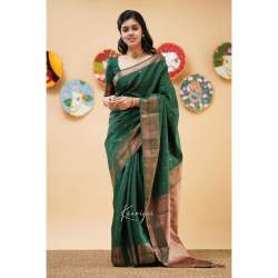 GREEN SAREE WITH COOPER ZARI BORDER BANARASI SOFT SILK SAREE  