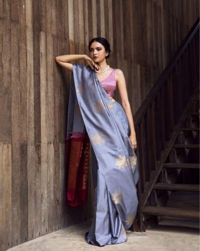 GREY BANARASI SOFT SILK SAREE WITH BLOUSE