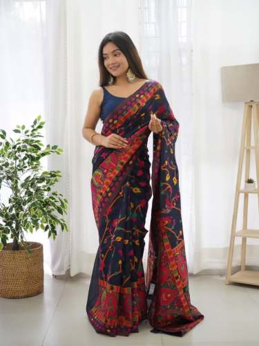 KASHMIRI WEAVING MULTIPLE COLOR THREAD WEAVING PURE ZARI WEAVING BANARASI SOFT SILK SAREE 