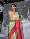 Light green With pink color Banarasi Soft Silk Saree With Matching Blouse thumb 1