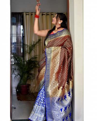 MAROON WITH BLUE BORDER BANARASI SOFT SILK SAREE 